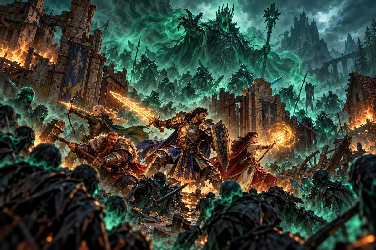 Heróis defendem um portão contra criaturas que emergem da névoa.