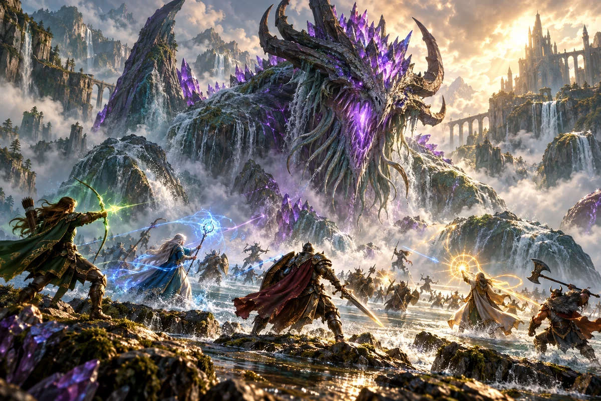 Um monstro colossal de cristais violetas enfrenta um grupo de aventureiros.
