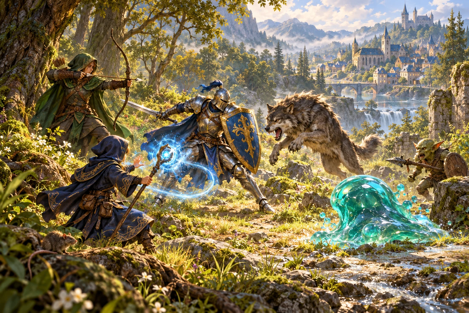 Ilustração de um cavaleiro, um arqueiro e um mago enfrentando criaturas nos arredores de Alvor.