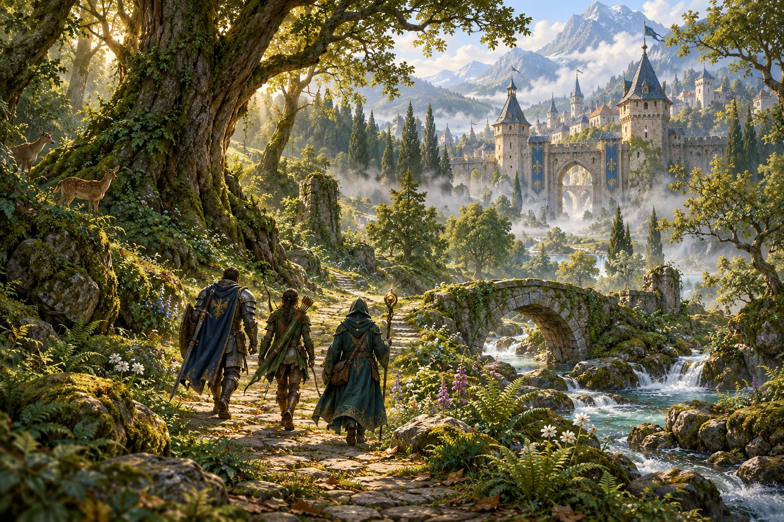 Ilustração de aventureiros explorando uma trilha na floresta de Alvor.